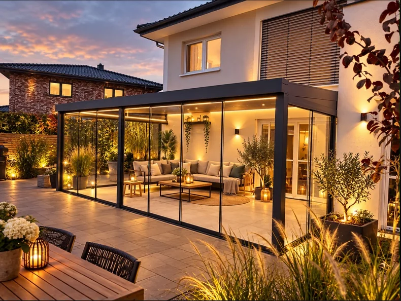 Gemütlicher Sitzbereich unter einer modernen Terrassenüberdachung mit Beleuchtung